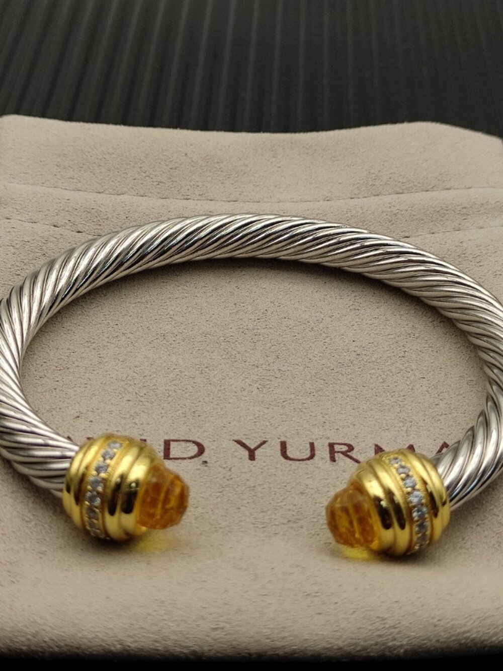 David Yurman—Silver—7mm Bracelet with Gold End Caps Set with Yellow Diamonds - Picture 1 of 8